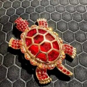 Turtle With Red Crystals Brooch